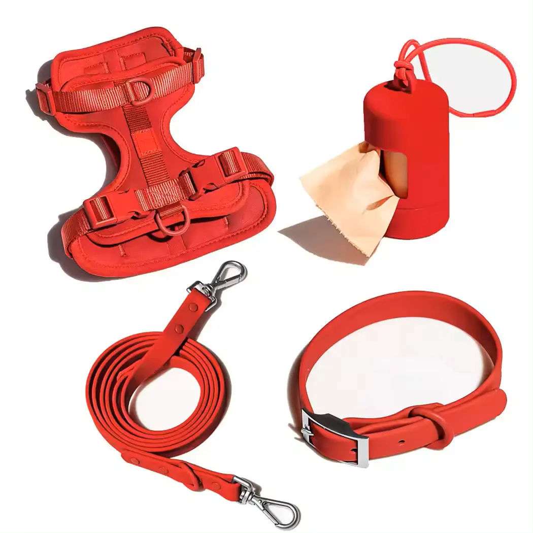 Luxury Custom Logo Pet Walking Set – Waterproof Solid Polyester, Adjustable Soft PVC Harness, Leash, and Collar Combo